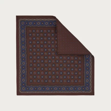 Canali Brown Silk Pocket Square With Double Print