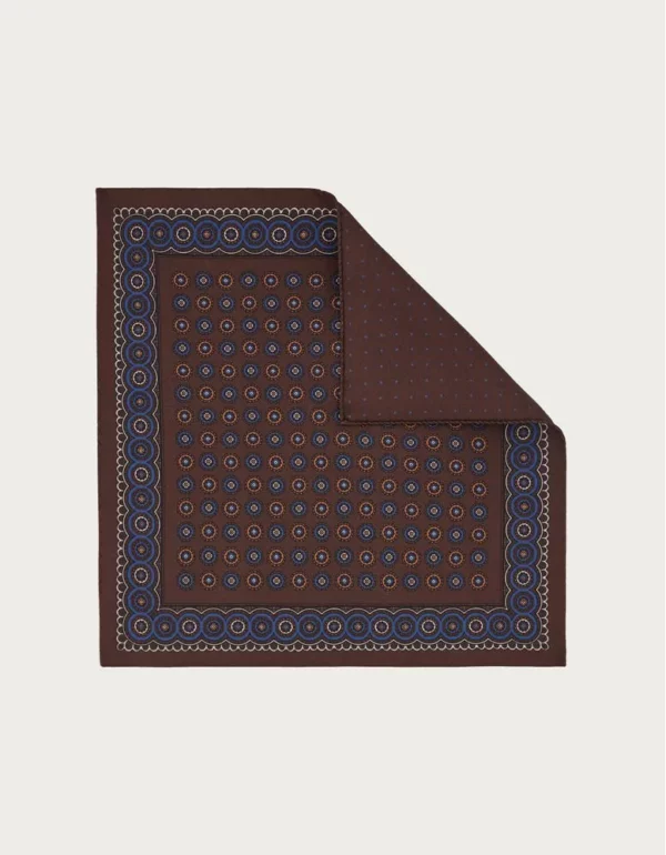 Canali Brown Silk Pocket Square With Double Print