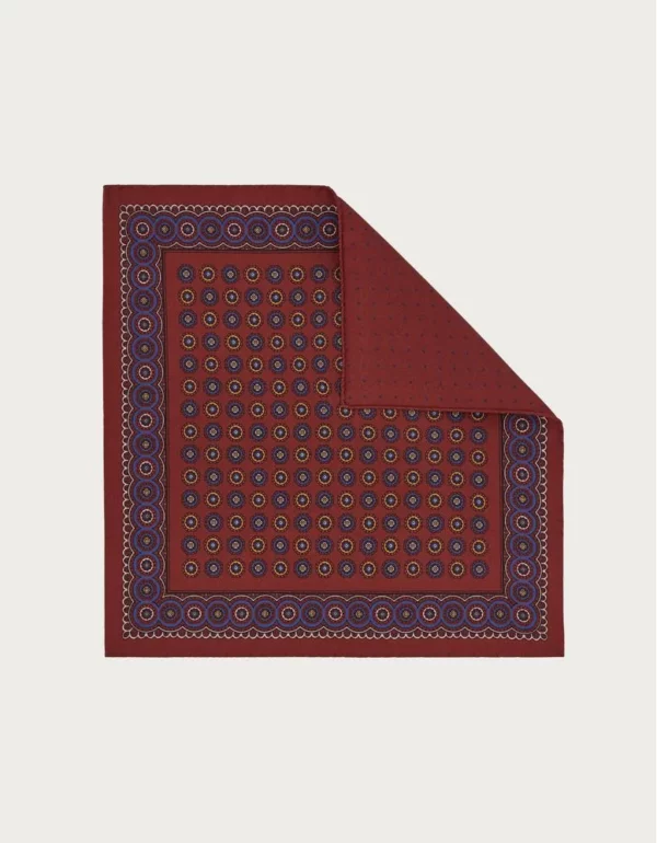 Canali Red Silk Pocket Square With Double Print