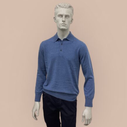 FLY3 Denim Blue Wool 3 Button Polo Collar Sweater