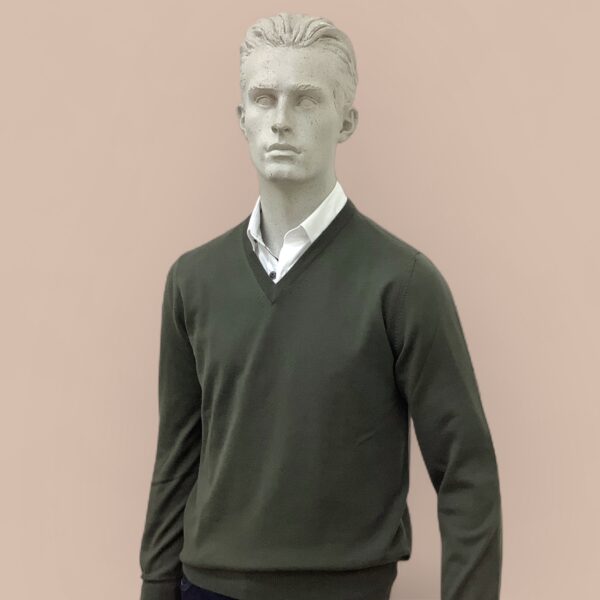 FLY3 Olive Wool V Neck Sweater - Image 2