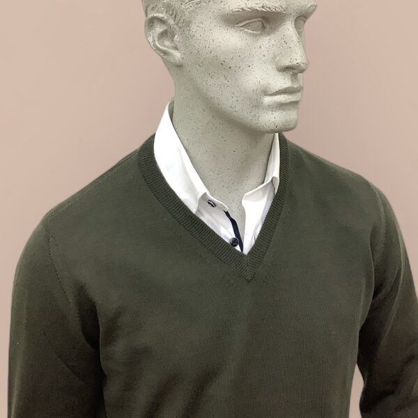 FLY3 Olive Wool V Neck Sweater - Image 3