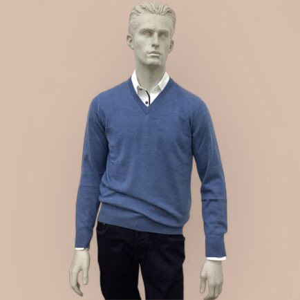 FLY3 Denim Blue Wool V Neck Sweater