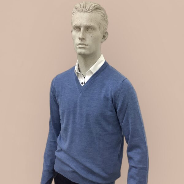 FLY3 Denim Blue Wool V Neck Sweater - Image 2