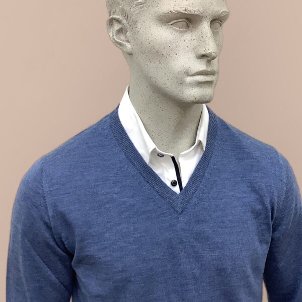 FLY3 Denim Blue Wool V Neck Sweater - Image 3
