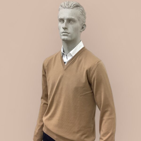 FLY3 Camel Wool V Neck Sweater - Image 2