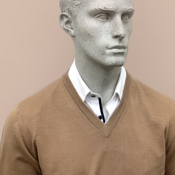 FLY3 Camel Wool V Neck Sweater - Image 3
