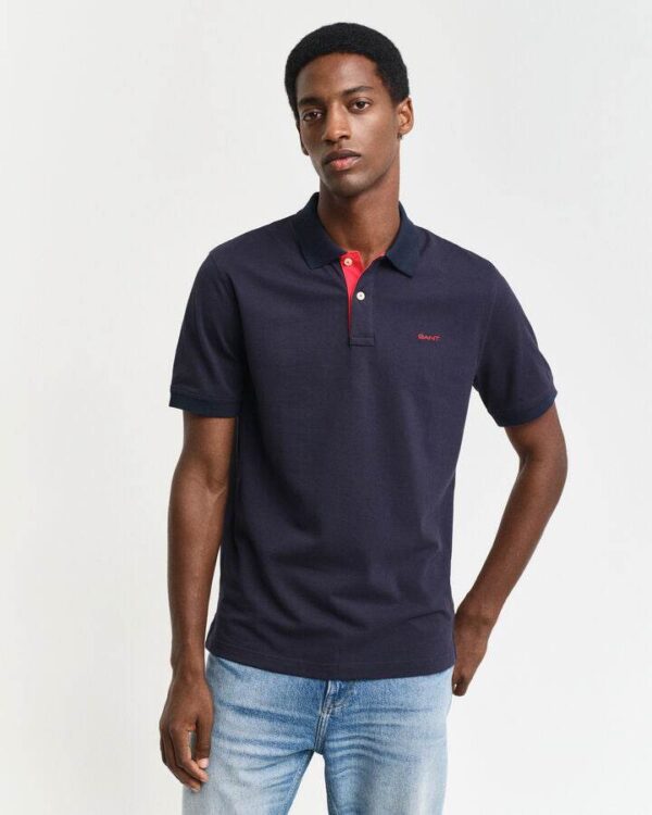 GANT Navy Blue/Red Contrast Piqué Polo - Image 2