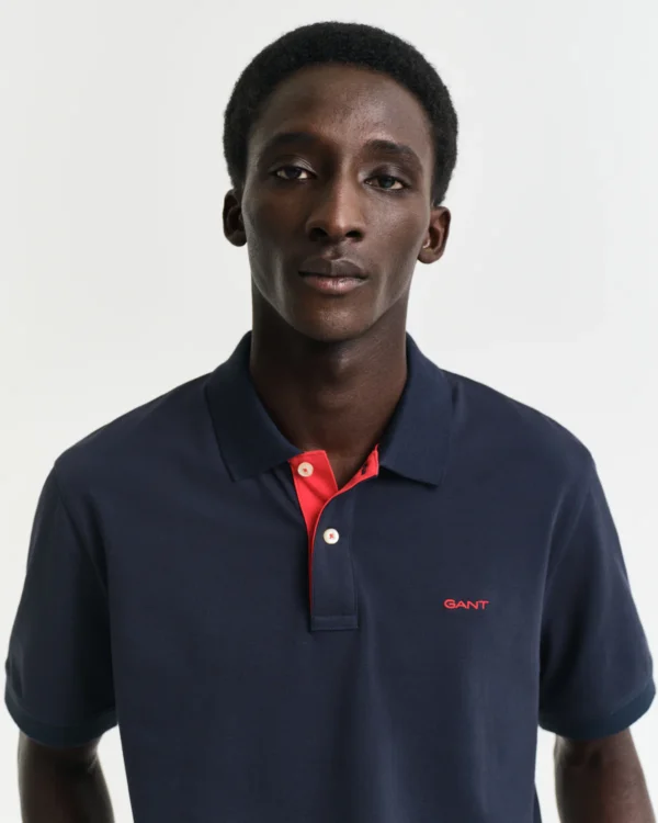 GANT Navy Blue/Red Contrast Piqué Polo - Image 3