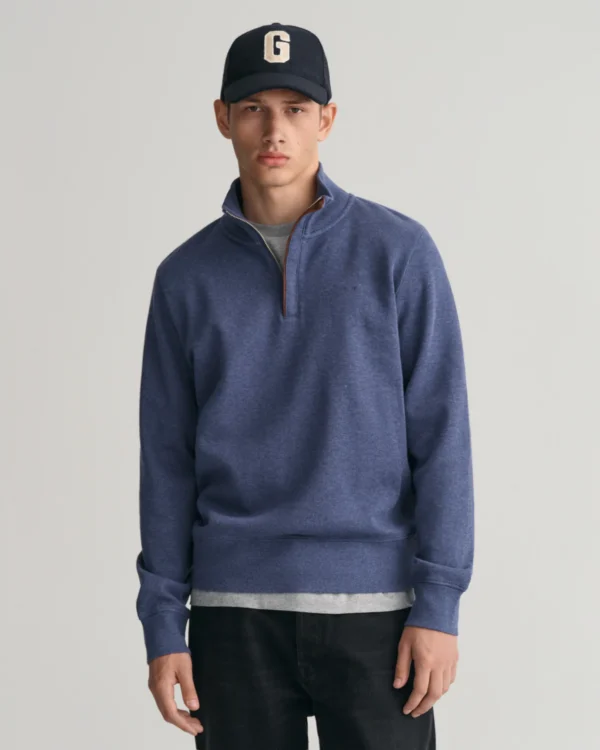 GANT Denim Blue Sacker Rib Half Zip Sweatshirt