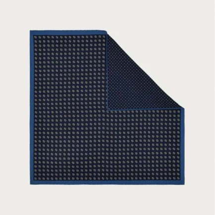 Canali Navy Silk Pocket Square With Double Print
