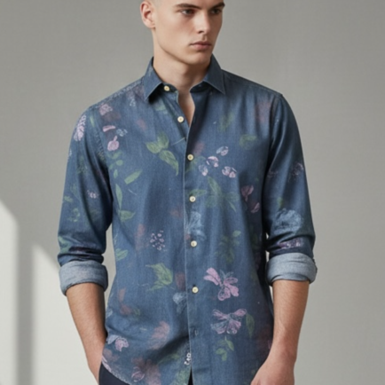 Grigio ‘Washed’ Maine Denim Printed Blue Shirt