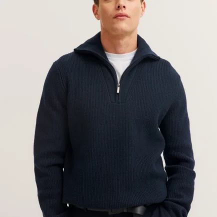 Bugatti Chunky Knit Navy Zip Neck Sweater
