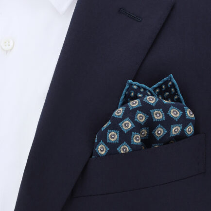 Canali Navy/Teal Silk Pocket Square With Double Print