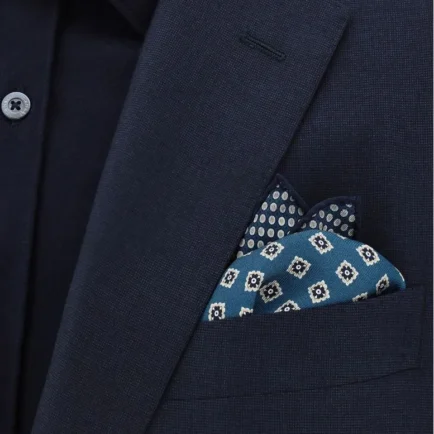 Canali Teal/Navy Silk Pocket Square With Double Print