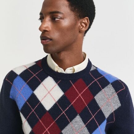 GANT Navy Argyle Crewneck Wool Sweater