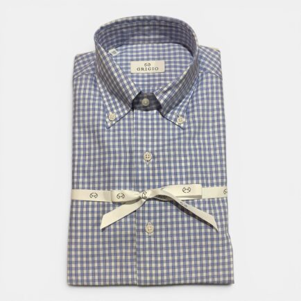 Grigio Blue Twill Gingham Check Button Down Cotton Shirt